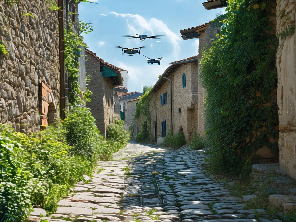 古镇街石板路与无人机植保技术的交融